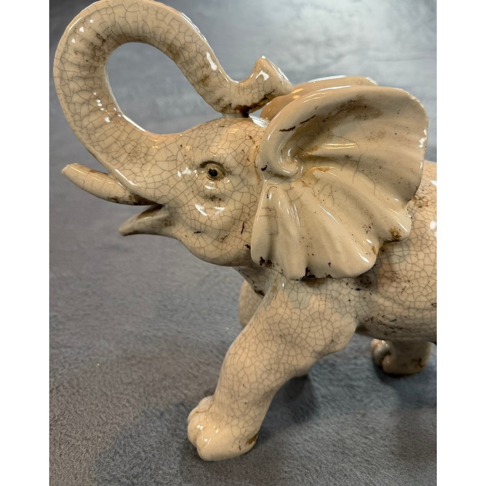 Vintage Ceramic Elephant Figurine Crackle Glaze Lucky Upturned Trunk Off-White - Picture 7 of 16